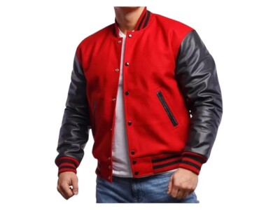 Men s Varsity Letterman Baseball Bomber jacket with Red Wool & Leather Sleeves
