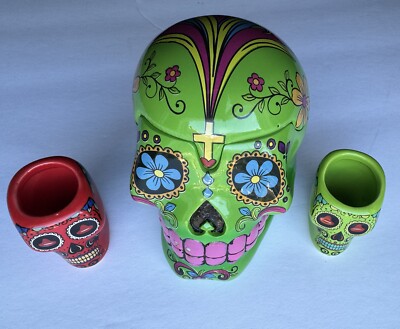 Day Of The Dead Sugar Skull And Sierra Tequila Skull Shot glasses Set 