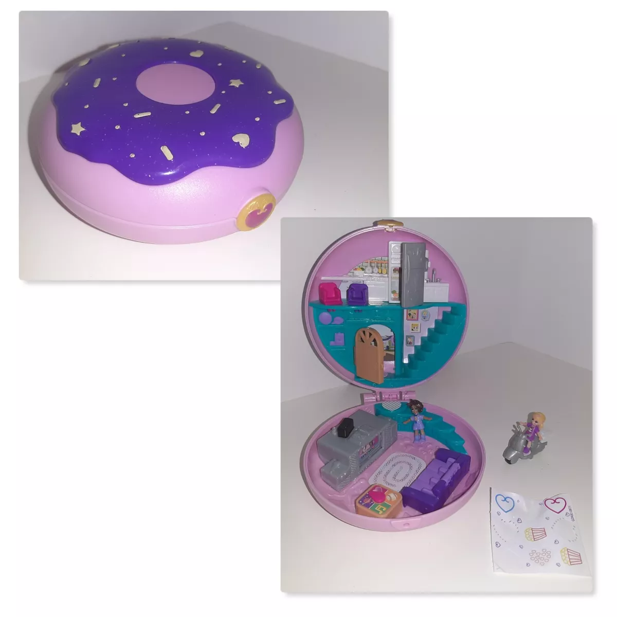 Polly Pocket Compact Donut Pajama Party 2 Dolls Vespa Pizza