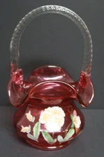 Fenton Cranberry Red Basket Hand Painted Signed M. Olmstead Flowers Pansies