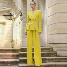 Runway Womens 2pcs Sets Rhinestone Slit Suit Jacket Pants Long Straight Trousers