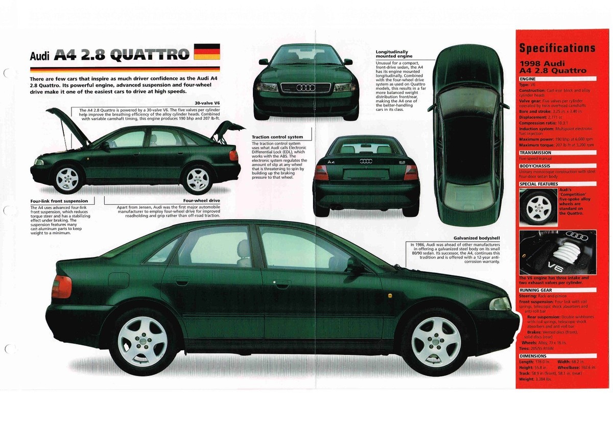Audi A4 2.8 QUATTRO SPEC SHEET/Brochure/Catalog: 1998, | eBay