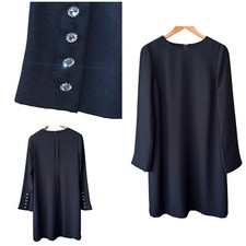 Talbots Black Shift Dress with Rhinestone Diamond Buttons Long Sleeve LBD 8 10