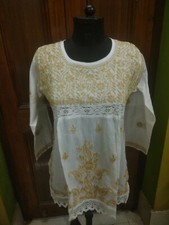 SHIRT KURTA KURTI S 39" HANDMADE TOP 100 COTTON ETHNIC CHIKAN EMBROIDERY TUNIC