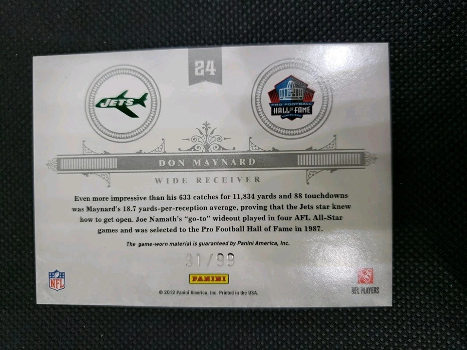 2011 Playoff National Treasures Emblems of the Hall Materials /99 Don Maynard - Image 2 of 2