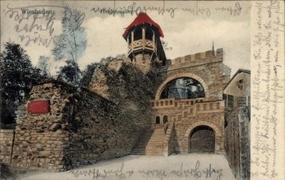Postcard Wiesbaden in Hesse, castle with tower, stairs, wall, red flag, - 4956766