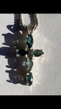 Sterling Silver Cross Necklace Natural Earth Mined Green-Blue Sapphires 1.64tcw