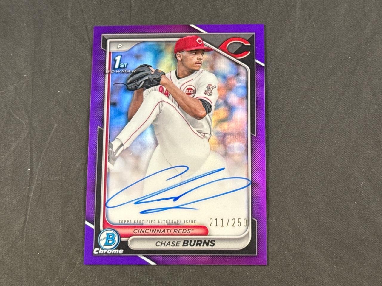 2024 BOWMAN CHROME DRAFT CHASE BURNS CPA-CB 1ST PURPLE REFRACTOR AUTO 211/250