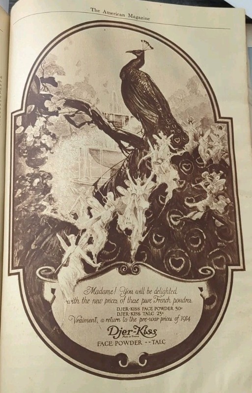 1921 peacock fairy art Djer Kiss Powder vintage print ad