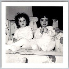 Vtg B&W Snapshot Two Cute Toddler Girls In White Outfits On Retro Couch 1963