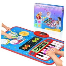2-in-1 Musical Mat Toys for 1 2 3 4 5 Year Old, Piano Keyboard  Drum Set Blue