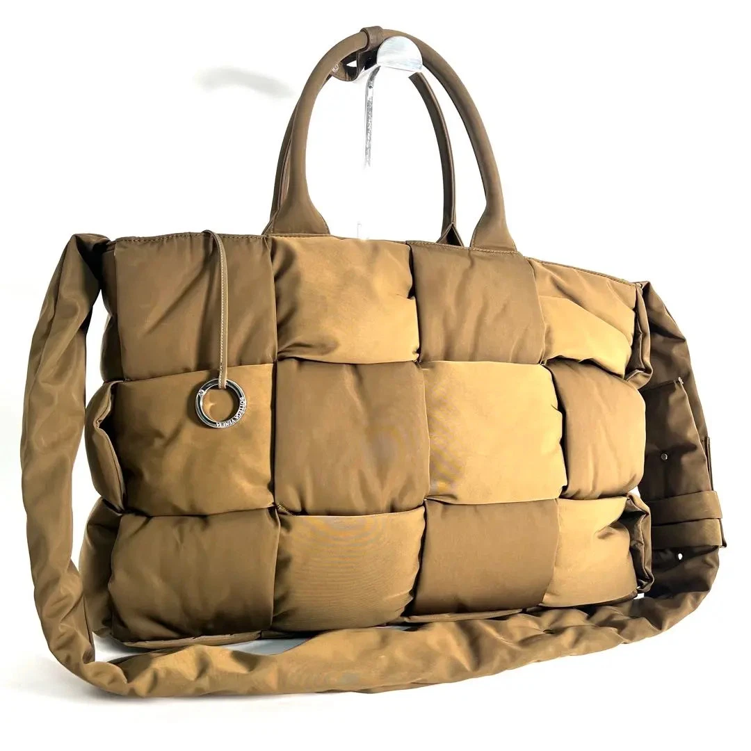 Bottega Veneta Maxi Intrecciato Large Arco Nylon Tote Handbag in Khaki Used