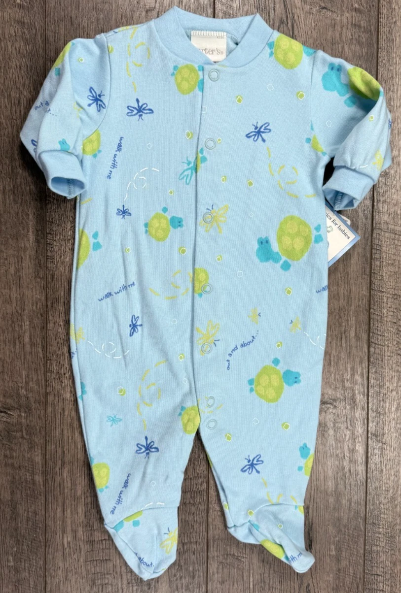 Baby Boy Clothes Vintage Carter's 0-3 Month Blue & Green Turtle Footed Outfit