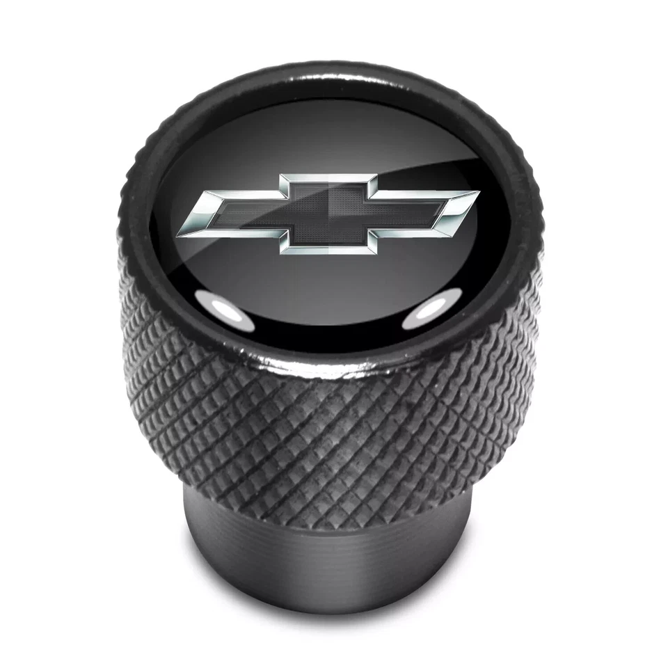 Tapas de vástago de válvula de neumático de aluminio negro sobre negro con logotipo negro Chevrolet Chevy 4 un. EE. UU. Foto 2 de 3