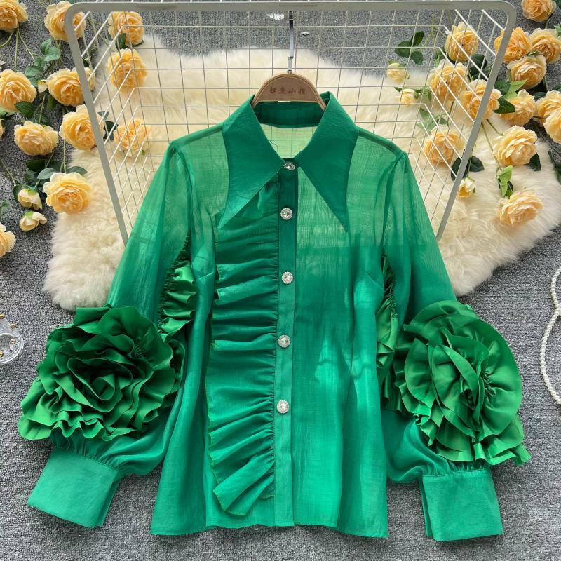 Women Ruffle Blouse Shirt Top Sheer Mesh Retro Long Sleeve