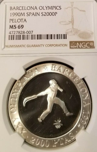 1990 SPAIN SILVER 2000 PESETAS PELOTA NGC MS 69 TOP POP SCARCE LOW MINTAGE