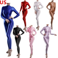 Women Long Sleeve Double Zipper Smooth Leotard Bodysuit Jumpsuit Catsuit Club