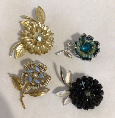Vintage/Now Flower Stem Leaf Brooch Lot Cabochon Faux Pearl Rhinestone