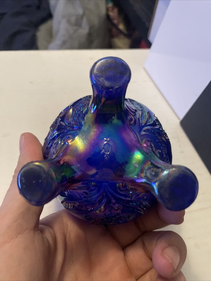 Vintage Imperial Blue Carnival Glass Footed cracked Egg Candy Dish 1951