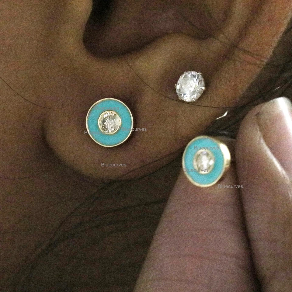 Turquoise Enamel Disc Stud Earrings Diamond Solid 18k Yellow Gold Fine Jewelry - Image 3 of 4