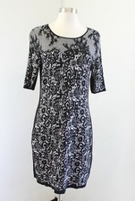 Tahari ASL Levine Black White Floral Lace Print Short Sleeve Sweater Dress PM MP