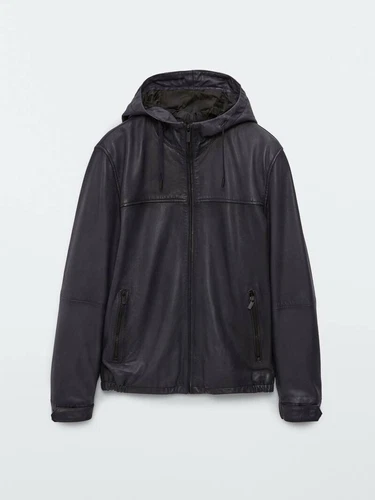 New Massimo Dutti Nappa Leather Jacket w Hood S Small Blue 3317/257 coat shirt