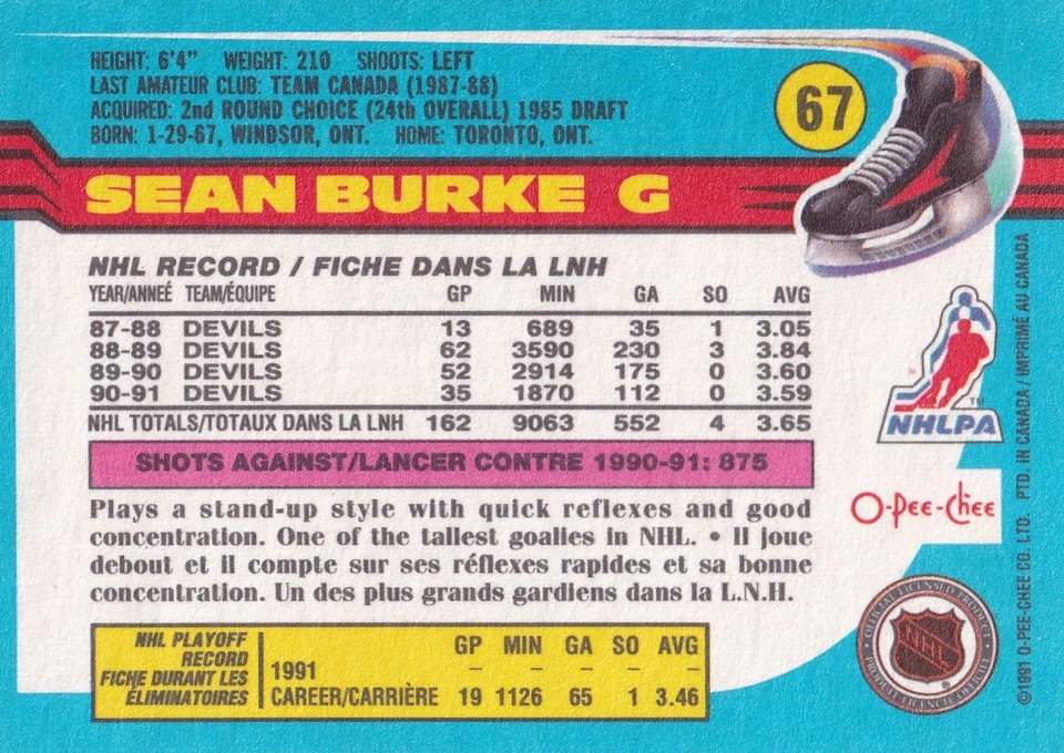 1991-92 O-Pee-Chee #67 Sean Burke New Jersey Devils + (Yes 4 Free Mystery Cards) - Image 2 of 2
