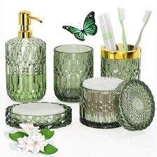 Green Glass Bathroom Set 5 Pcs, Green Bathroom Set, Soap Dispenser and Toothb...