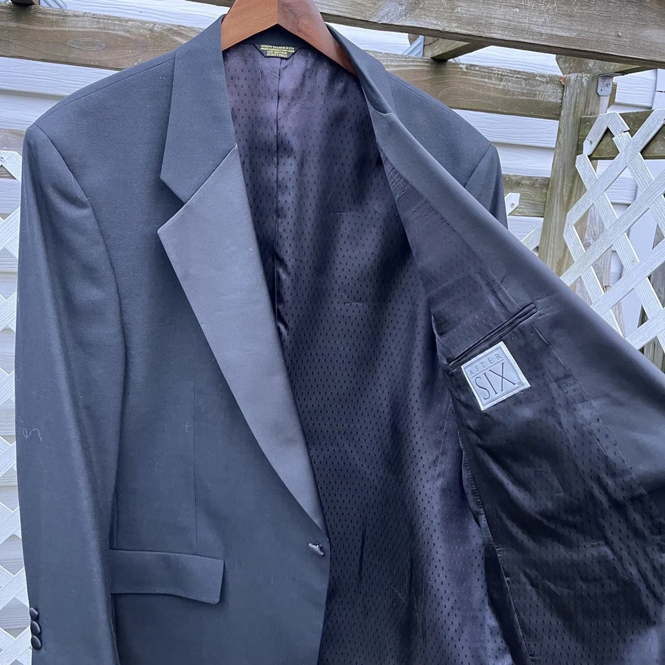 Vintage 70s 80s After Six Tuxedo Mens Black Wool 2 Piece Suit Jacket Pants USA - Image 3 of 4