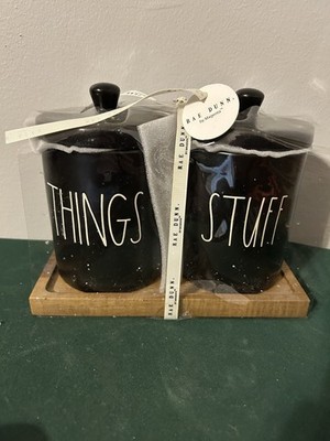 Rae Dunn THINGS and STUFF SET of 2 Ceramic Containers  Canisters and wood tray