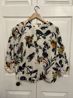 Tibi Women s Silk/Linen Blouse Sz S Bird Insect Flowers Ruched Sleeve Whimsygoth