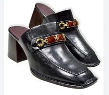 TORY BURCH PERRINE PERFECT BLACK LEATHER MULES BLOCK HEEL LOAFERS SIZE 6.5 VGUC!