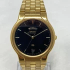 Vtg Seiko SQ Mens Watch 35mm Gold Tone Day Date 5Y23-7159 Black Dial New Battery
