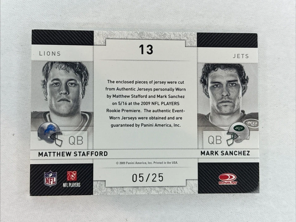 2009 Donruss Threads Dual Jersey  Matthew Stafford/Sanchez #05/25! RC Combo - Image 2 of 4
