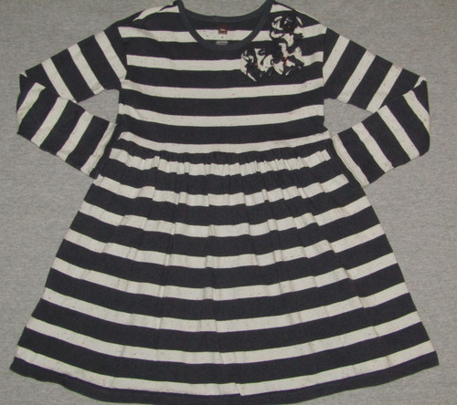 TEA COLLECTION Dress Navy Striped Speckled Applique Flowers Long Sleeve Girls 6