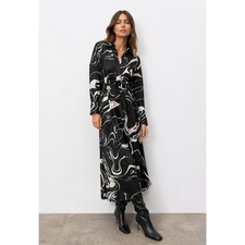 Zara Abstract Print Midi Shirt Dress Black Cream Belted Size Small Blog Fav