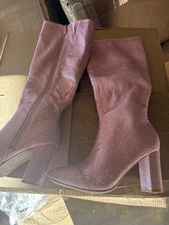 TOP MODA Women Knee High Rhinestone Boots Zippers Block High Heel MARTHA-22 Pink