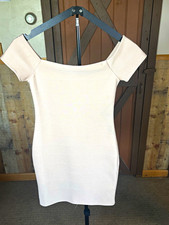 FOREVER 21 Beige Solid Bodycon Off Shoulder Short Sleeve Knee Length Dress S