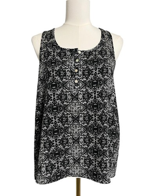 #ad #ad Pink Rose Tank Top Womens Small Black Geometric Print Button Front Racerback $14.99