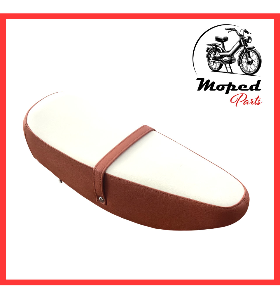 Selle biplace beige et marron pour mobylette Peugeot 103 vintage avec sangle de maintien