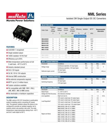 NEW! ISOLATED NML0515SC DC/DC Power Supply Module 5V to 15V Murata 4-SIP 2Watt