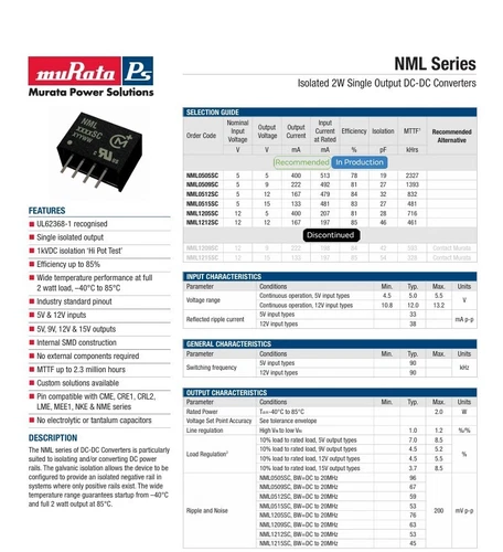 NEW! ISOLATED NML0515SC DC/DC Power Supply Module 5V to 15V Murata 4-SIP 2Watt
