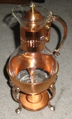 Copper Carafe Warmer Stand & Glass Coffee Tea Pot W/Lid & Brass Handle VTG
