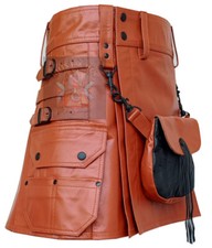 Kilts For Men Brown cow Leather utility Kilt front sporan Scottish Kilt For Sale