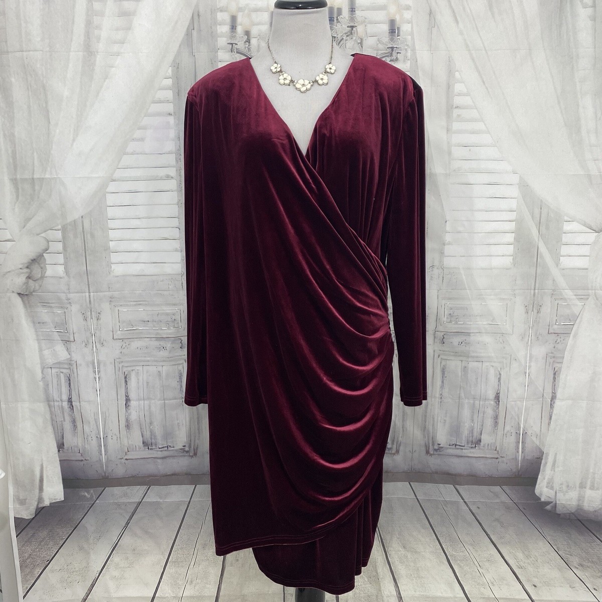 Alex Marie Plus 20W Long Sleeve Burgundy Red Velvet Ruched Faux Wrap Dress  B6 | eBay