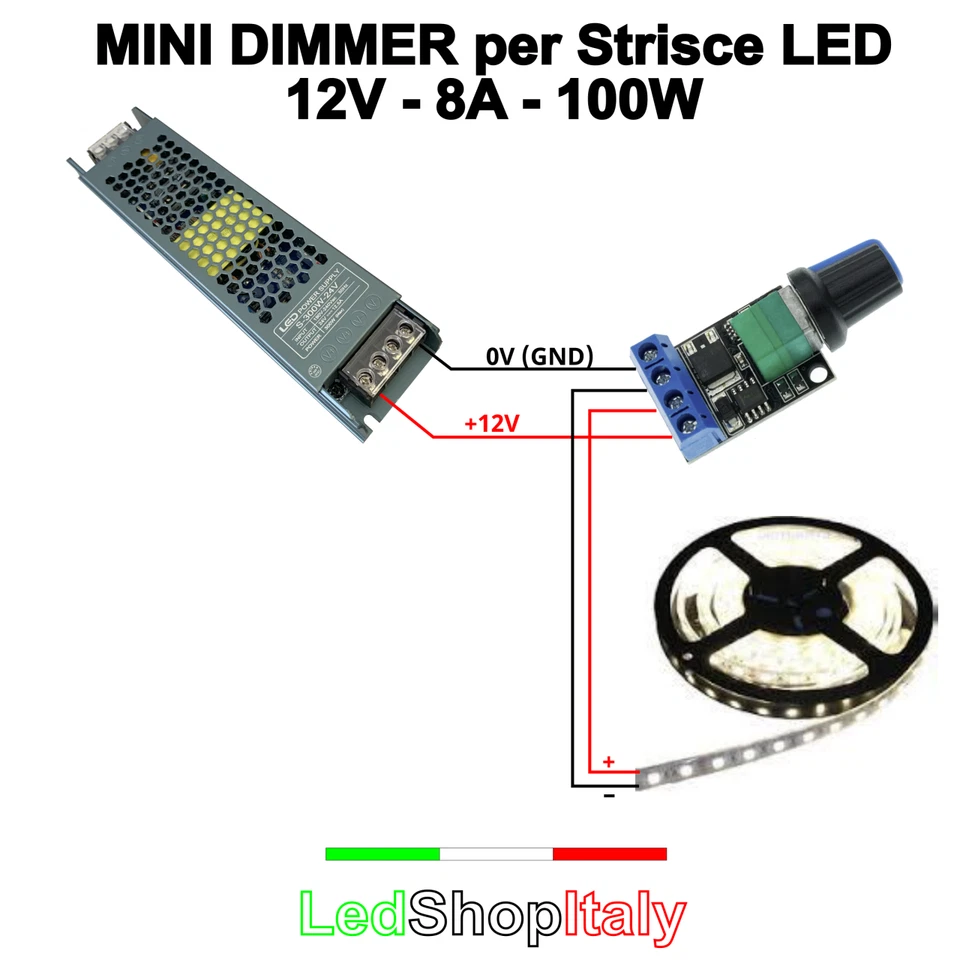 Dimmer Varialuce 12V 8A 100W potenziometro manopola per Strisce Led - Immagine 2 di 4