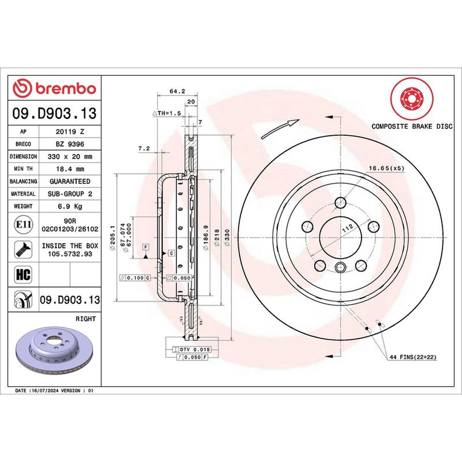 Brembo Prime Composite Vented Two-Piece Brake Disc - 09.D903.13 - OE Quality