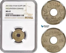 AC678, Egypt (Occupation Coinage) 2 Milliemes AH1335 (1916) NGC MS63
