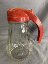 Vintage   The Dripout Server Syrup Honey Glass & Metal Dispenser Red