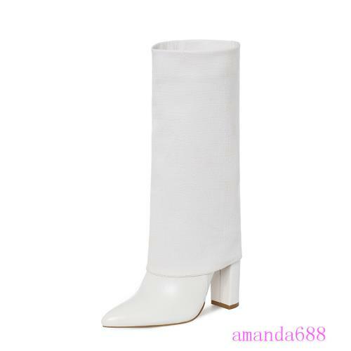 Ladies Fold-over Mid-calf Pull on Boots Block High Heels Party Boots Dress Shoes - Foto 14 di 14